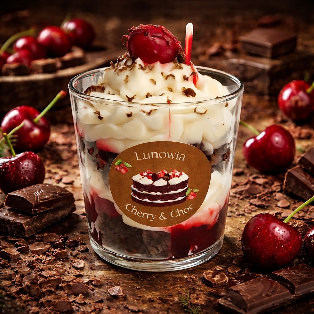 LUNOWIA Cherry & Choc Duftkerze – Sojawachskerze mit Kirsch-Schokoladen-Duft im Glas, Dessert Kollektion