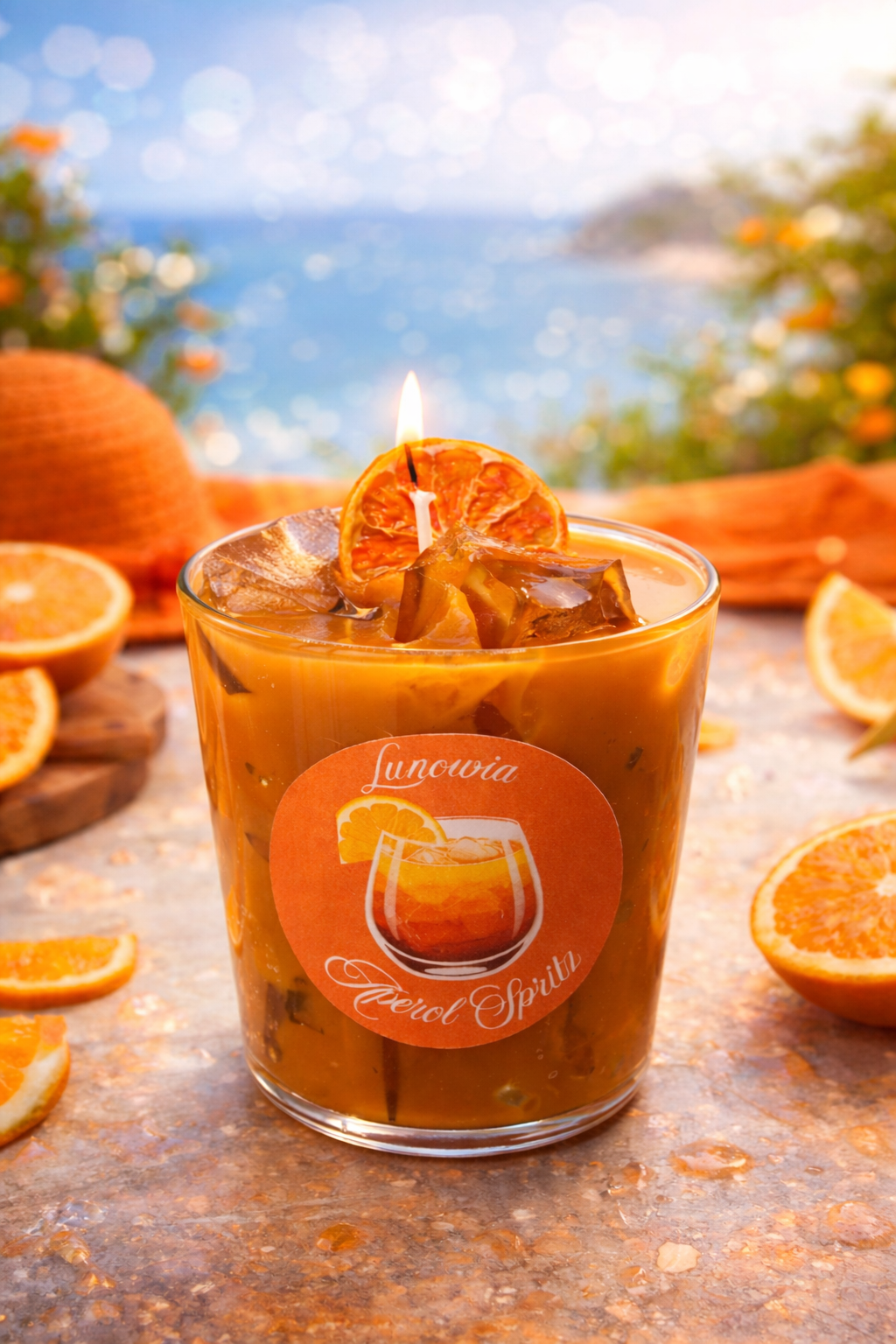 LUNOWIA Orange Spritz Duftkerze – Sojawachskerze mit Orangen-Sprudel-Duft im Glas, Dessert Kollektion