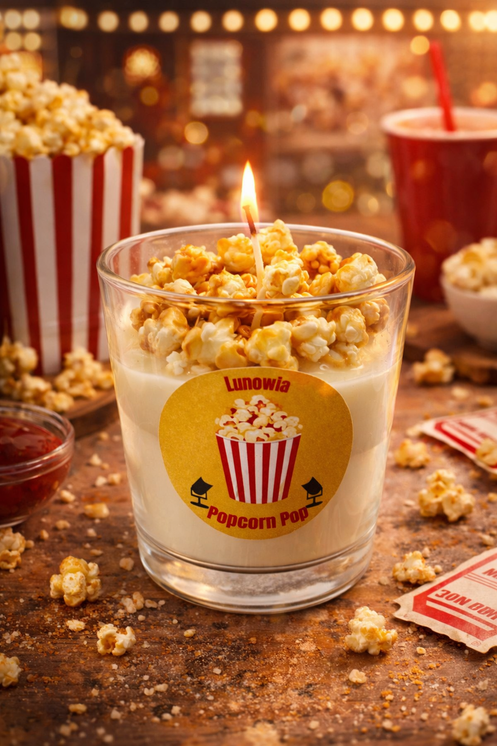 LUNOWIA Popcorn Pop Duftkerze – brennende Sojawachskerze mit Popcorn-Karamell-Duft im Glas, Kino-Atmosphäre
