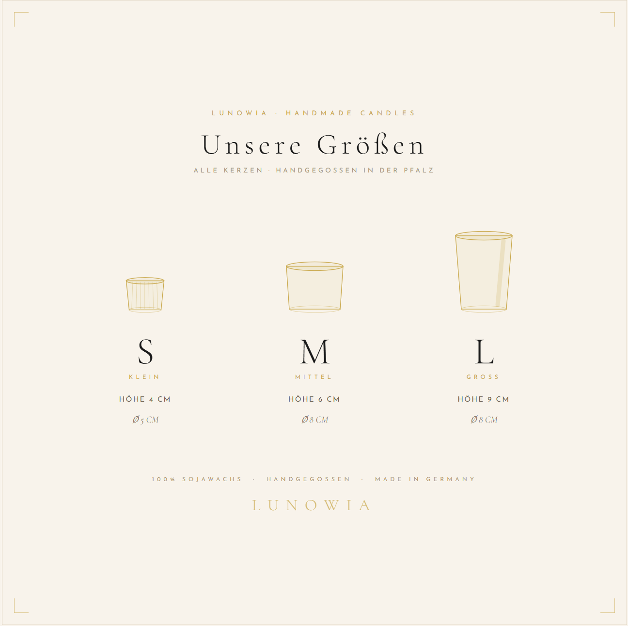 LUNOWIA Kerzengrößen Übersicht – S (4 cm), M (6 cm) und L (9 cm) Sojawachskerzen, handgegossen in der Pfalz
