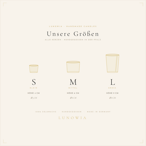 LUNOWIA Kerzengrößen Übersicht – S (4 cm), M (6 cm) und L (9 cm) Sojawachskerzen, handgegossen in der Pfalz

