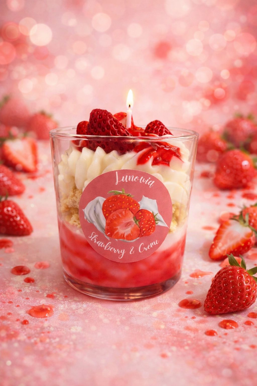 LUNOWIA Strawberry & Creme Duftkerze – brennende Sojawachskerze mit Erdbeerduft im Glas, umgeben von frischen Erdbeeren
