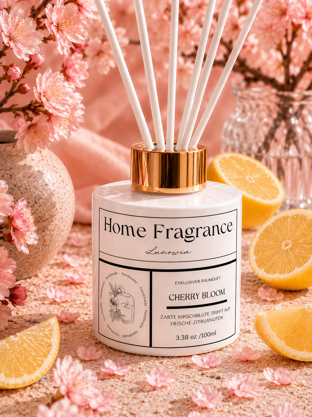 LUNOWIA Raumduft Cherry Bloom – Diffuser mit Rattanstäbchen, Duftnote Kirschblüte, handmade in der Pfalz