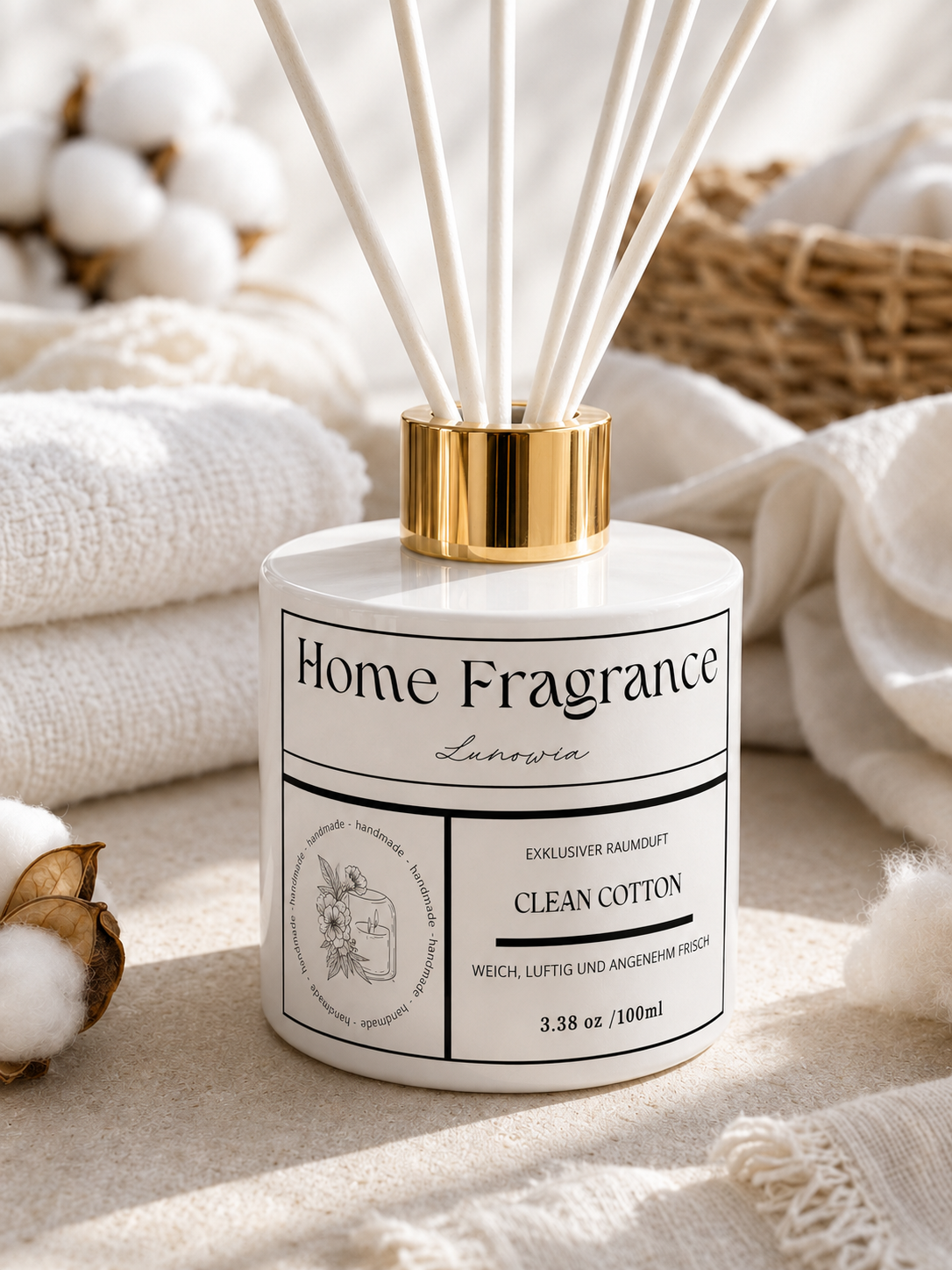LUNOWIA Raumduft Clean Cotton – Diffuser mit Rattanstäbchen, Duftnote Baumwolle und Leinen, handmade in der Pfalz