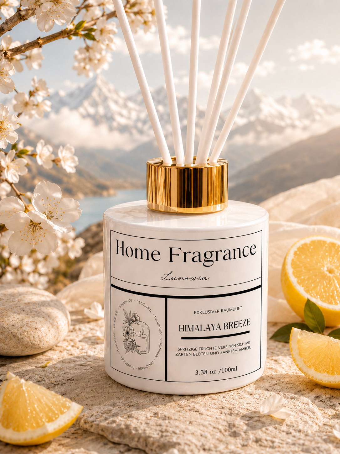 LUNOWIA Raumduft Himalaya Breeze – Diffuser mit Rattanstäbchen, Duftnote Früchte, Blüten und Amber, handmade in der Pfalz