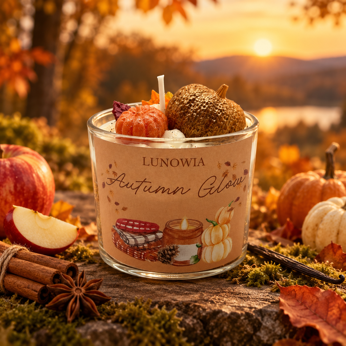 LUNOWIA Duftkerze Autumn Glow in goldener Herbstlandschaft