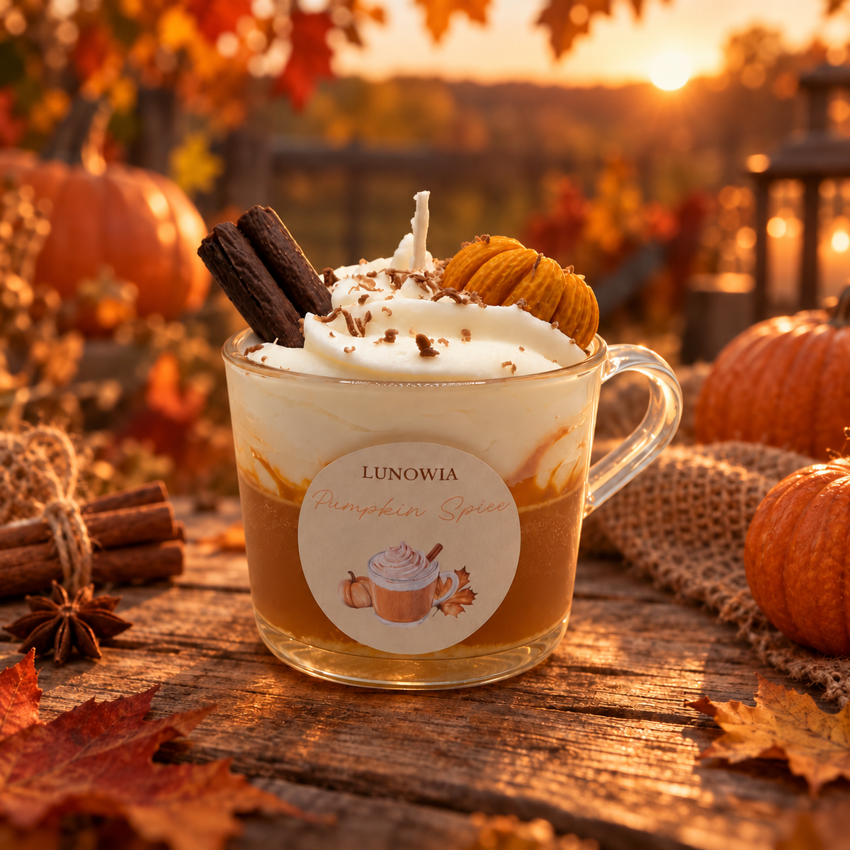 LUNOWIA Duftkerze Pumpkin Spice in goldener Herbstkulisse