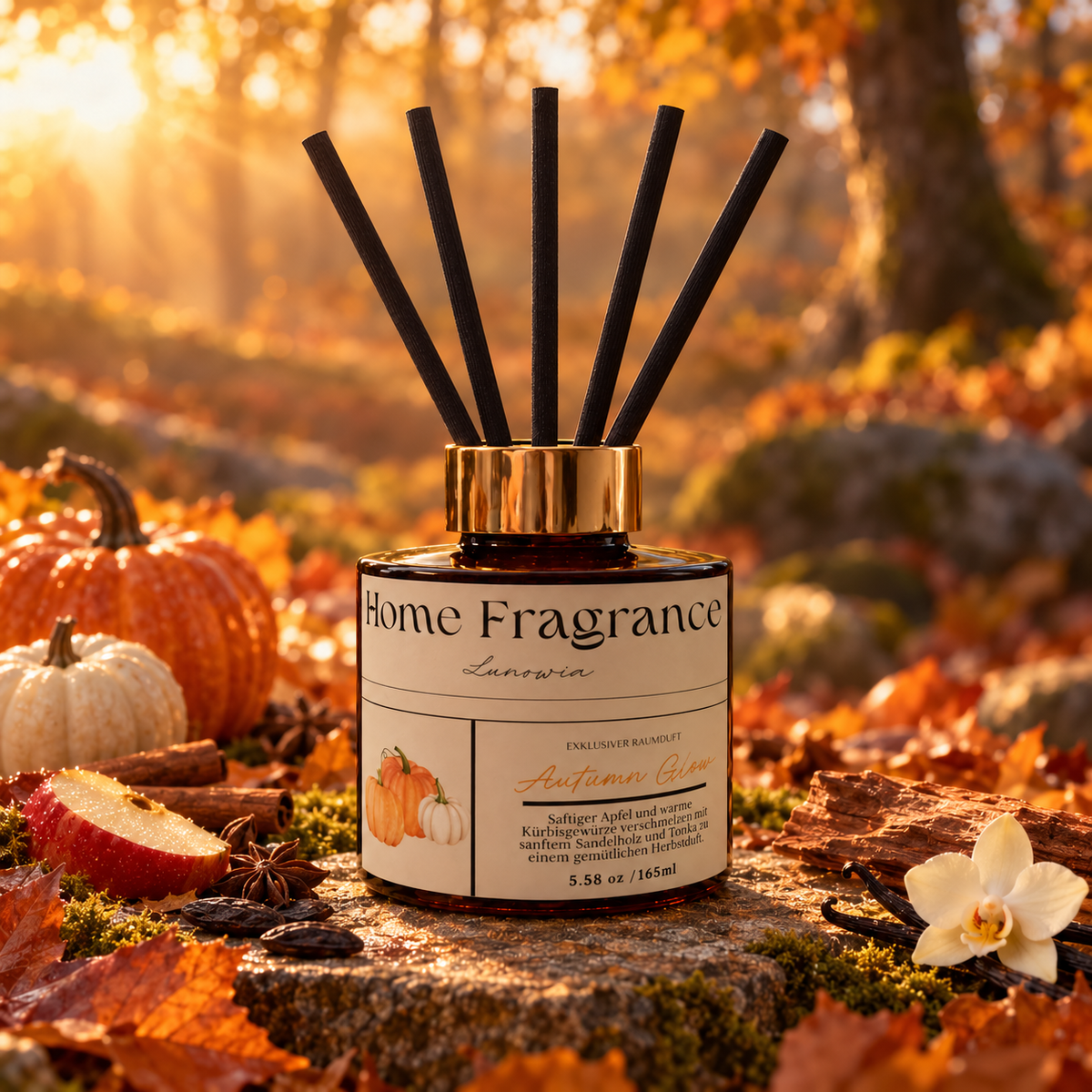 LUNOWIA Raumduft Autumn Glow mit Duftstäbchen in einem goldenen Herbstwald