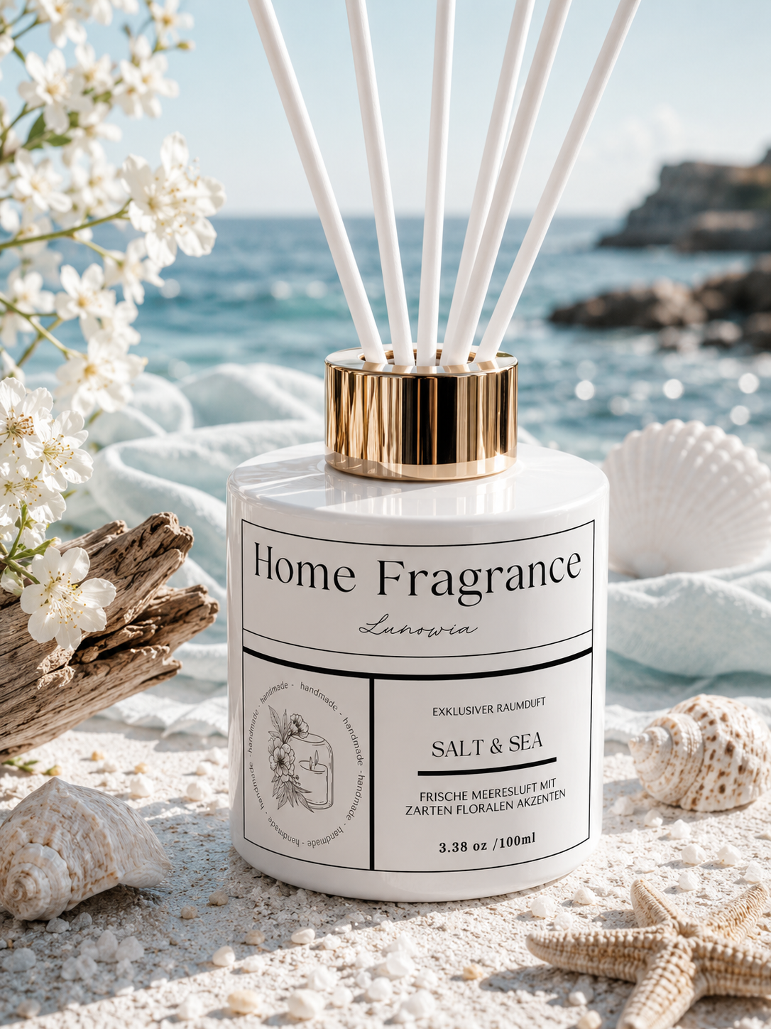 LUNOWIA Raumduft Salt & Sea – Diffuser mit Rattanstäbchen, Duftnote Meersalz und aquatische Noten, handmade in der Pfalz