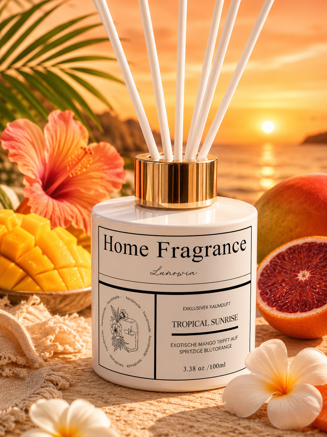 LUNOWIA Raumduft Tropical Sunrise – Diffuser mit Rattanstäbchen, Duftnote Mango und Blutorange, handmade in der Pfalz